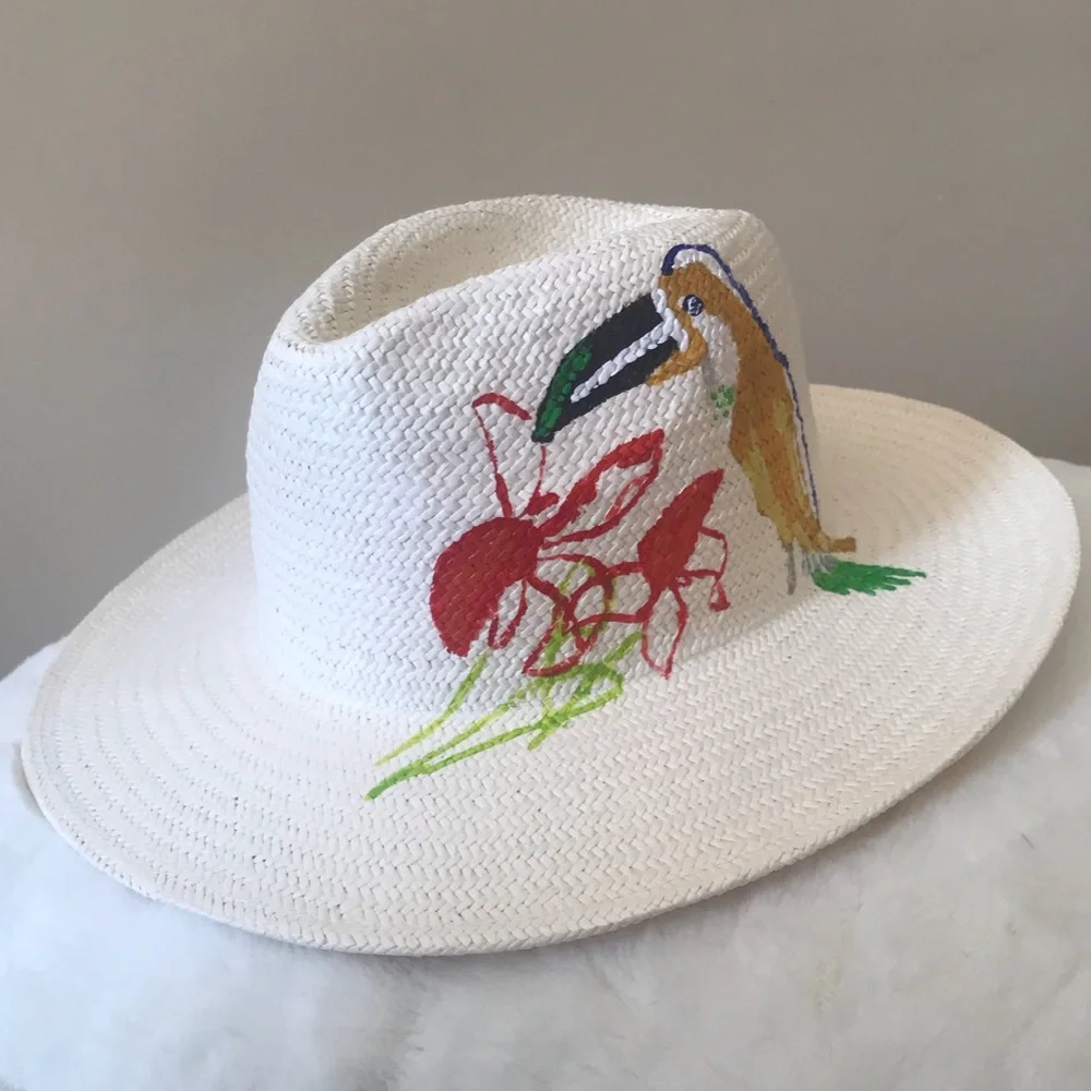 Onia Rosa Panama Hat w Hand Painted Toucan & Flower Detail Limited Edition NWT